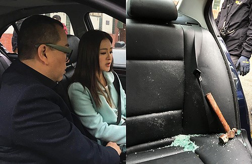 Hình ảnh của Âu Dương Chấn Hoa và Danh Nhã trên chiếc xe. Một chiếc búa từ trên trời lao thẳng vào khu ghế ngồi. Ảnh: HKChannel.