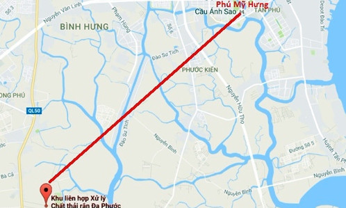 Khoảng cách từ bãi rác Đa Phước (huyện Bình Chánh) đến Khu đô thị Phú Mỹ Hưng (quận 7) khoảng 20 km. Ảnh: Google maps.