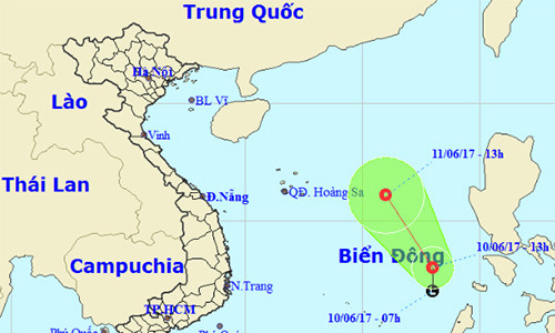 Dự báo đường đi của áp thấp nhiệt đới. Ảnh: NCHMF.