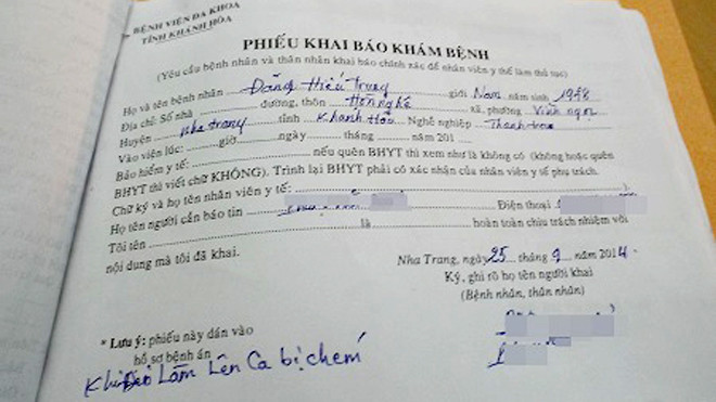 Phiếu khai báo khám bệnh cho ông Trung