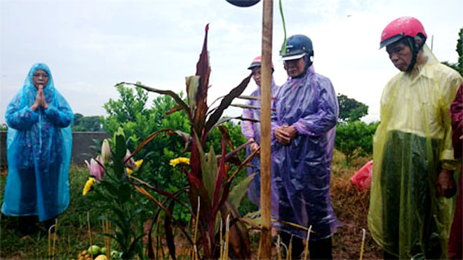 Bố mẹ đẻ chị Huyền đội mưa thắp hương nhận mộ con