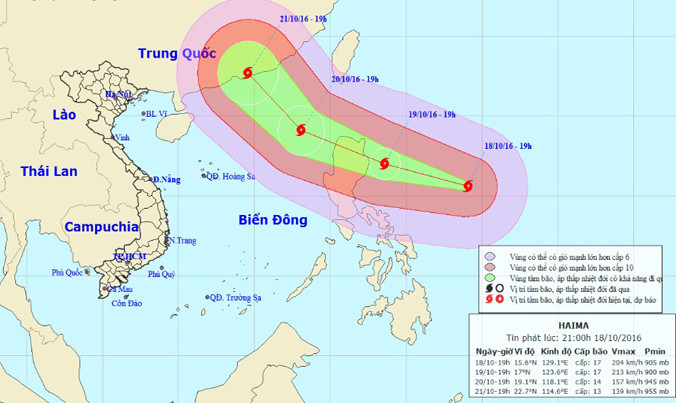 Vị trí và dự báo đường đi của siêu bão Haima. Nguồn: Trung tâm dự báo khí tượng thủy văn Trung ương.