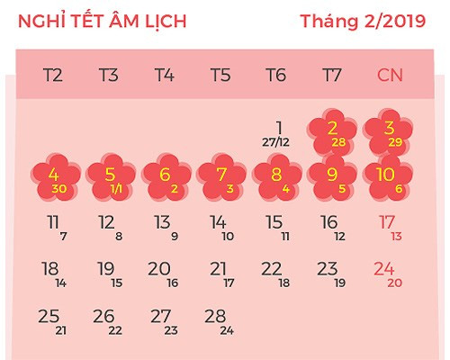 Lịch nghỉ Tết Âm lịch năm 2019. 