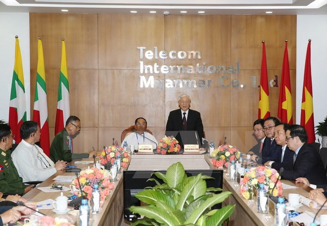 Tổng Bí thư Nguyễn Phú Trọng phát biểu tại Mytel. (Ảnh: Trí Dũng/TTXVN) 