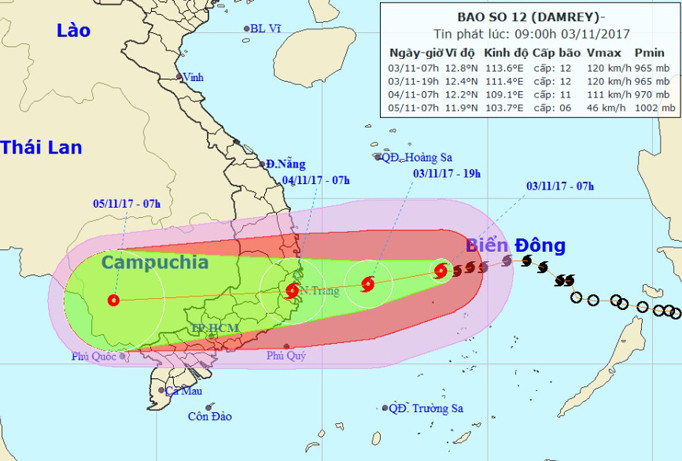 Dự báo đường đi và vị trí của cơn bão số 12. Ảnh: NCHMF.