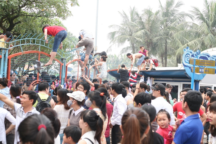 Cảnh hỗn loạn, vượt rào sắt vào trong công viên Hồ Tây trong ngày mở cửa miễn phí.