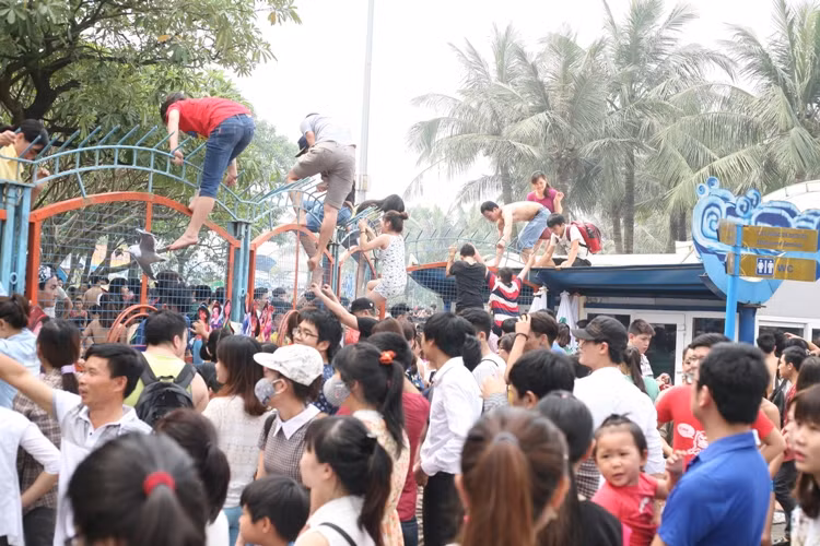 Cảnh hỗn loạn, vượt rào sắt vào trong công viên Hồ Tây trong ngày mở cửa miễn phí.