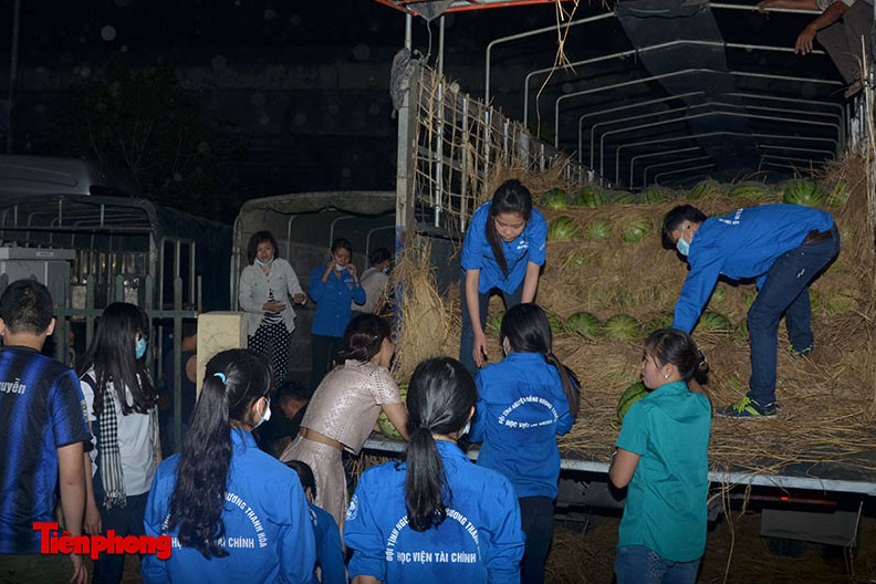 Những bạn tình nguyện viên thức trắng đêm vận chuyển dưa từ trên xe xuống. Ảnh: Thanh Hà.