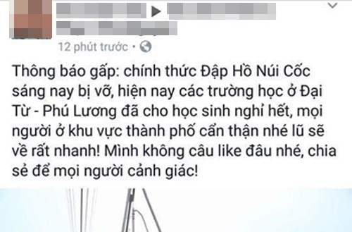 Tin đồn bịa đặt Hòa đăng tải trên Facebook. Ảnh: Chụp màn hình