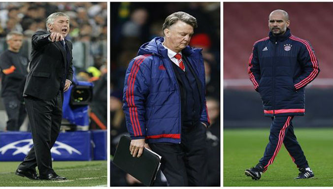 Ancelotti (trái), Guardiola (phải) đang là những viên hàng đầu thay thế Van Gaal.