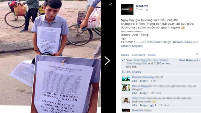 Bức ảnh Nguyễn H.Q quỳ gối, níu kéo tình cảm của bạn gái được đăng tải trên diễn đàn Beat.vn nhận được nhiều lượt chia sẻ. Ảnh chụp màn hình.