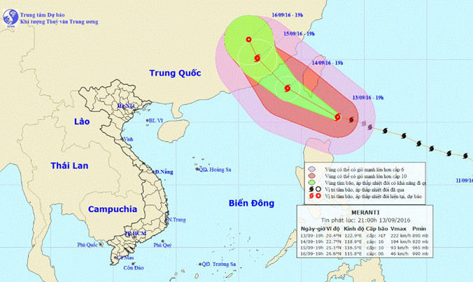 Vị trí và dự báo đường đi của siêu bão Meranti. Nguồn: Trung tâm Dự báo Khí tượng Thủy văn Trung ương.
