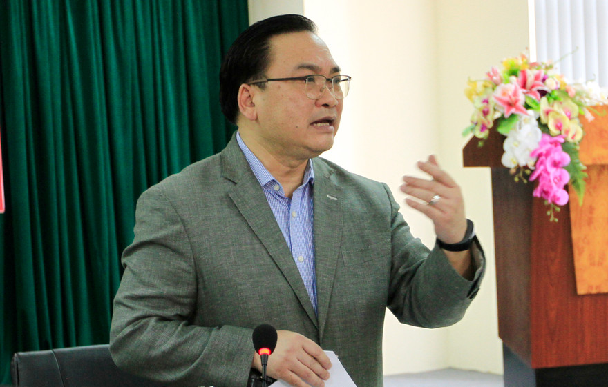 Bí thư Thành ủy Hà Nội Hoàng Trung Hải phát biểu tại buổi làm việc. Ảnh: Trường Phong