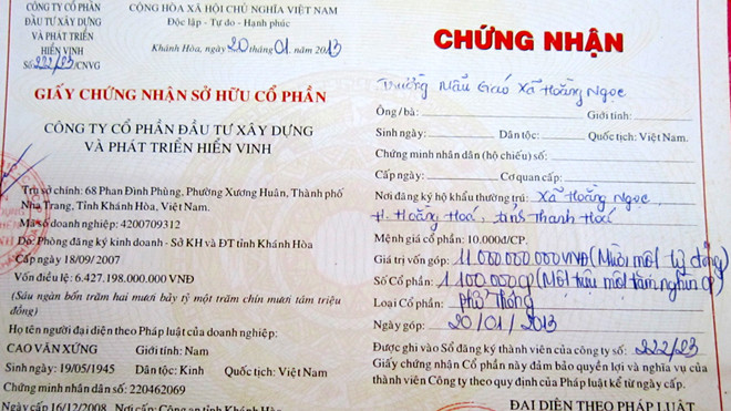 Giấy chứng nhận sở hữu cổ phần mệnh giá 11 tỷ đồng Cty Hiển Vinh cấp cho Trường Mẫu giáo xã Hoằng Ngọc (Hoằng Hóa, Thanh Hóa) không có giá trị