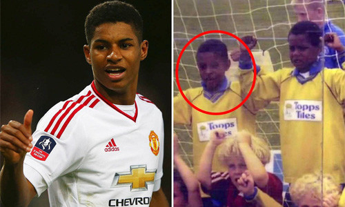 Rashford hiện tại (trá) và thời còn thi đấu cho đội trẻ Fletcher Moss Rangers.