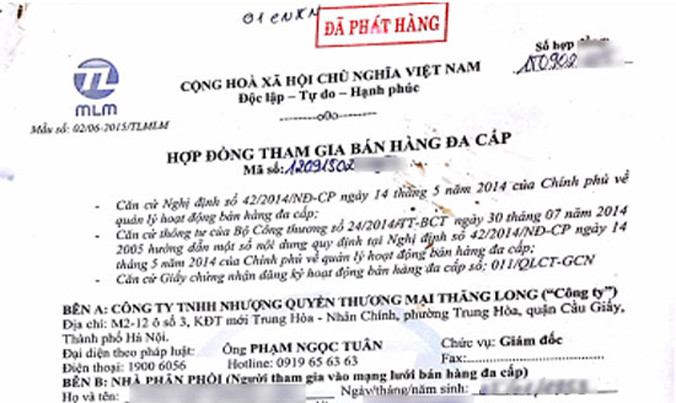 Một hợp đồng của Công ty đa cấp Nhượng quyền Thăng Long ký với khách hàng.