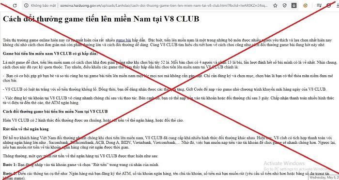 Game bài đổi thưởng được đăng tải trên website của Sở Nội vụ Hải Dương.