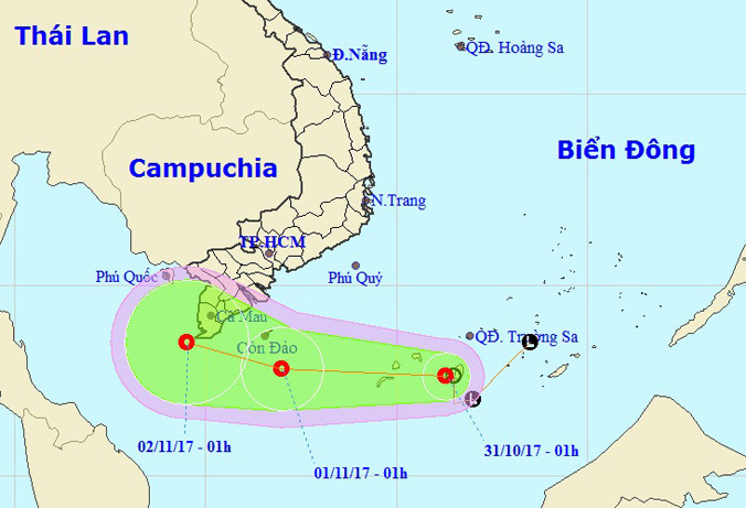Dự báo đường đi và vị trí áp thấp nhiệt đới. Ảnh: NCHMF.