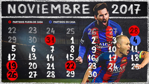 Lịch đấu của Barca trong tháng 11, với các trận quan trọng được bôi màu.Màu đỏ là trên sân khách, màu xanh là trên sân nhà.