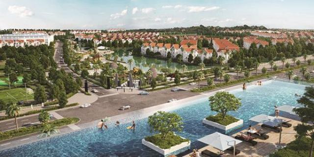 Phối cảnh Vinhomes Riverside nhìn từ bể bơi tràn bờ trên tầng mái TTTM Vincom Long Biên.