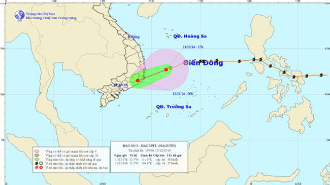 Hướng di chuyển của bão số 5. Ảnh: Trung tâm Dự báo khí tượng thủy văn TƯ.