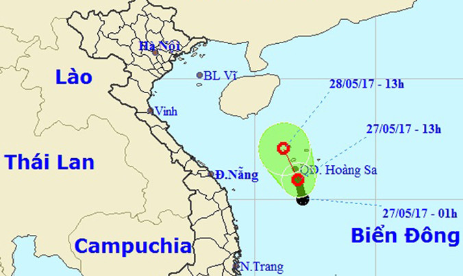 Đường đi và vị trí của áp thấp. Ảnh: Ảnh Trung tâm Dự báo KTTVTƯ.