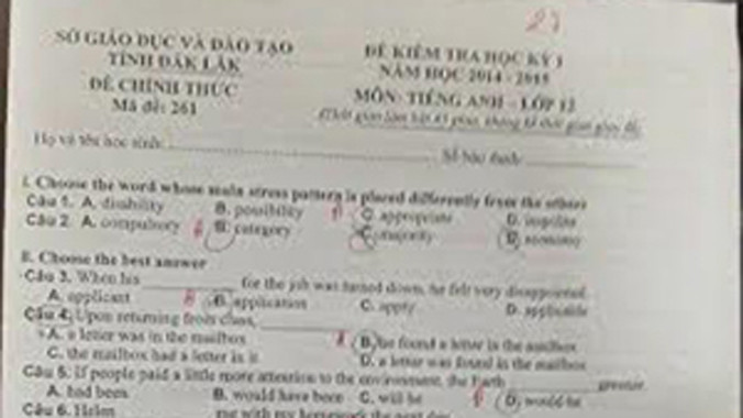 Đề kiểm tra môn Tiếng Anh học kỳ 1 ở tỉnh Đắk Lắk bị lộ.