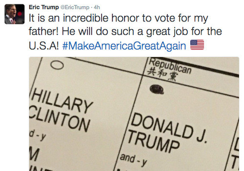 Phiếu bầu được Eric Trump đăng lên Twitter. Ảnh: Buzzfeed.