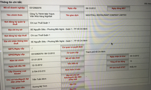 Trên Cục thuế TP HCM nhà hàng Nightfall vẫn hoạt động.