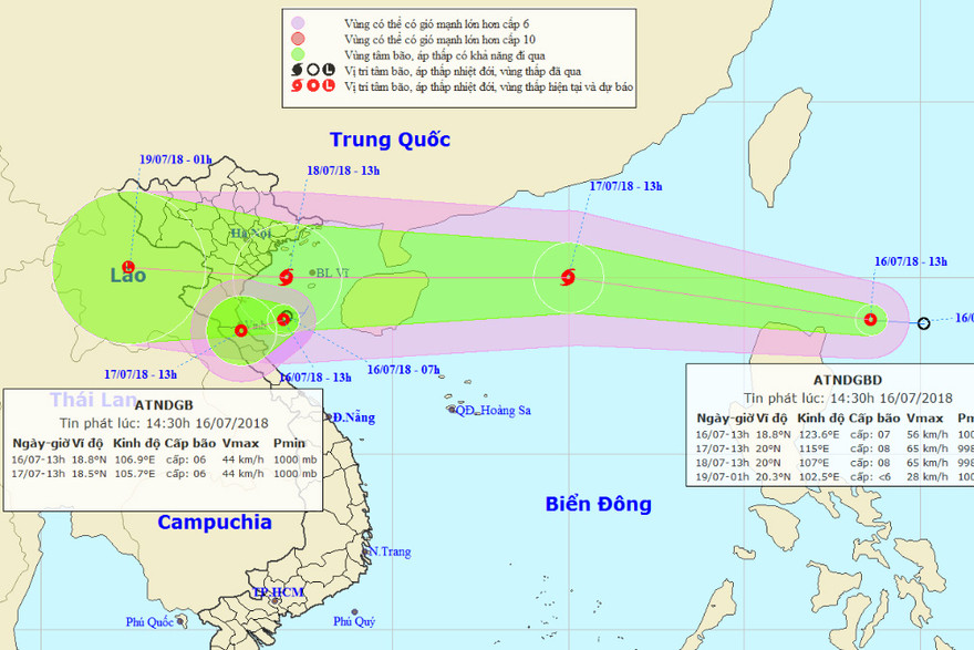 Vị trí và hướng di chuyển của 2 cơn áp thấp nhiệt đới. Ảnh: NCHMF.