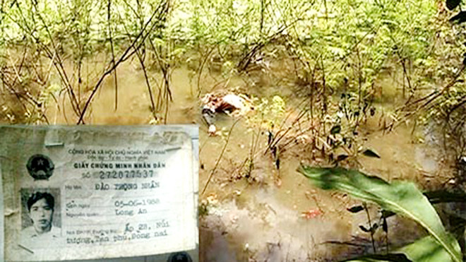 Thi thể nạn nhân được phát hiện đã phân hủy. CMND của nghi can Đào Trọng Nhân. Ảnh: CTV