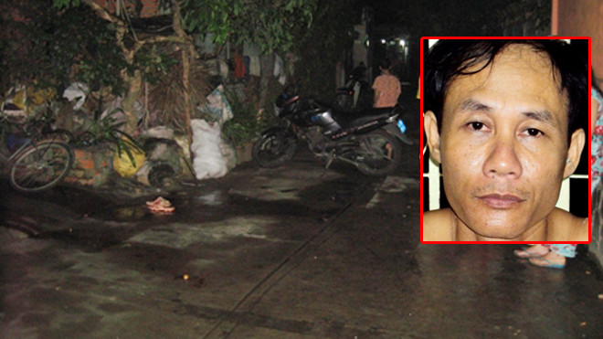 Hung thủ Tấn tại cơ quan công an (ảnh nhỏ) và hiện trường nơi xảy ra vụ việc