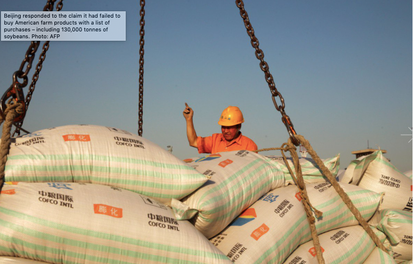 Trung Quốc tuyên bố dừng mua nông sản Mỹ sau khi bị Mỹ gắn nhãn thao túng tiền tệ. (Ảnh: SCMP)