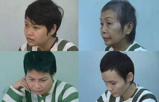 Từ trái qua phải, trên xuống dưới: Các nghi phạm Hà, Hoa (mẹ Hà), Huyên và Thảo 