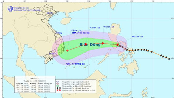 Hướng di chuyển của bão Hagupit. Ảnh: Trung tâm Dự báo khí tượng thủy văn TƯ.