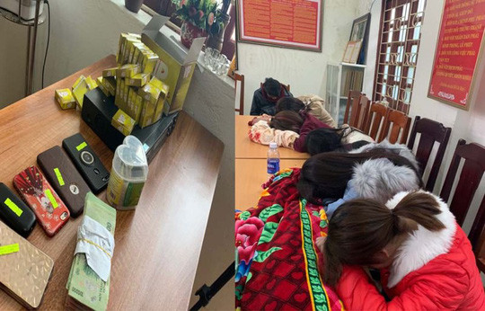 Các cô gái bán dâm bị bắt giữ và tang vật liên quan đến hoạt động của "động" mại dâm