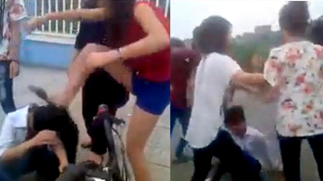 Nhóm nữ sinh đánh bạn một cách tàn nhẫn. Ảnh cắt từ clip