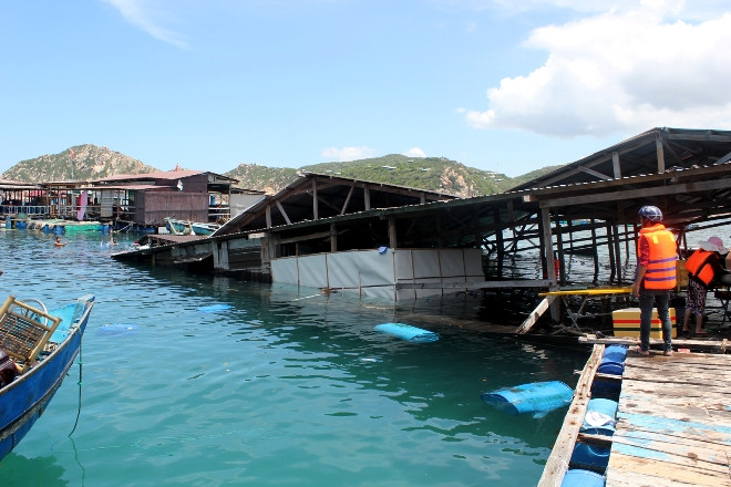 Chỉ một phần đầu của bè Vĩnh Tiến nói với cầu dẫn vào bờ còn nổi lên mặt nước