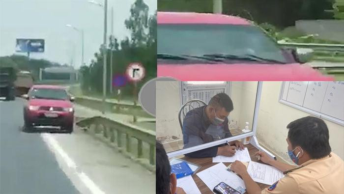 Chiếc xe ô tô đi ngược chiều và nam tài xế làm việc với CSGT.