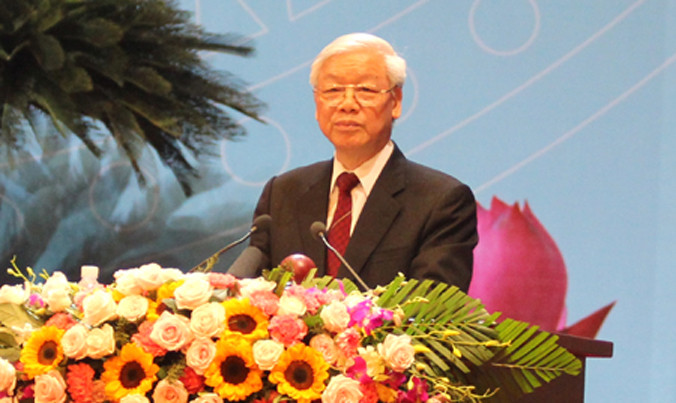 Tổng Bí thư Nguyễn Phú Trọng phát biểu tại Đại hội đại biểu phụ nữ toàn quốc lần thứ XII. Ảnh: VGP/Nguyễn Hoàng.