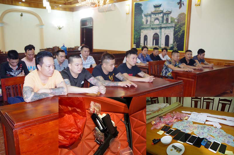 Các đối tượng bị bắt giữ cùng tang vật. Ảnh: Công an Hưng Yên.