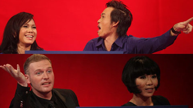 Hai đội chơi Việt Hương - Hoài Linh (ảnh trên) và Kyo York - Trác Thuý Miêu trong tập 10.