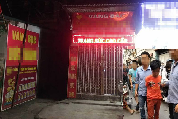 Nam thanh niên bị bắt giữ (ảnh nhỏ) và tiệm vàng nơi xảy ra vụ việc (ảnh lớn).