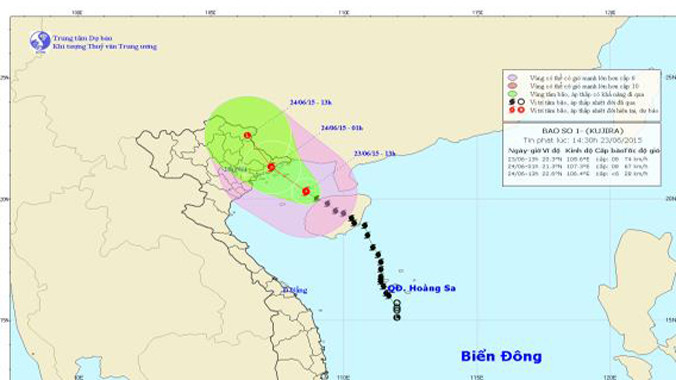 Dự báo đường đi và khu vực ảnh hưởng của bão Kujira. Ảnh: Trung tâm Dự báo khí tượng thủy văn TƯ.
