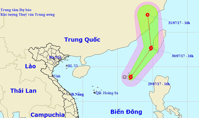 Vị trí và hướng di chuyển của bão số 5 (Ảnh: NCHMF).