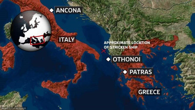 Bản đồ xác định vị trí con tàu gặp nạn (dấu chéo). Nguồn: news.sky.com.