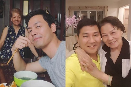 MC Phan Anh và doanh nhân Hoài Nam chup ảnh cùng mẹ của mình.