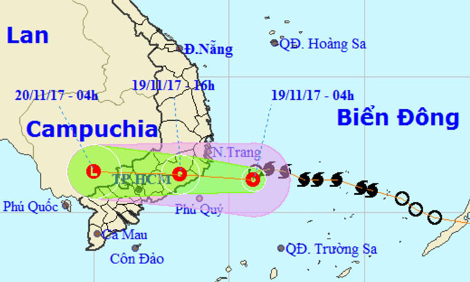 Vị trí và hướng di chuyển của áp thấp nhiệt đới. Ảnh: NCHMF.