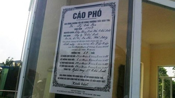 Cáo phó của bà Lý Thị Nga.