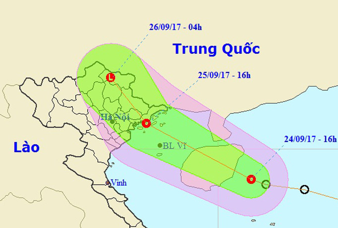 Dự báo đường đi và vị trí áp thấp nhiệt đới. Ảnh: NCHMF.